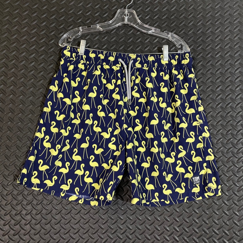 Tom & Teddy Blue Yellow Flamingo Swim Trunk Shorts‎ Men's Size Large